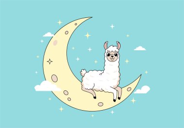 Neşeli lama karakteri, yumuşak bulutlar ve parlak yıldızlarla çevrili sarı hilal ay üzerinde oturur açık mavi bir arka planda..