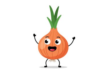 Büyük bir gülümsemesi ve parlak gözleri olan sevimli soğan karakteri elleri neşeli ve dost canlısı bir pozda duruyor..