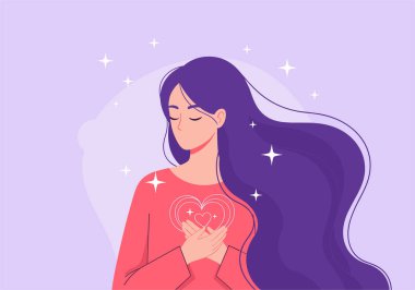 Parlayan yıldızlarla çevrili ellerini kalbine dayamış uzun mor saçlı bir kadının ruhani bir tasviri..