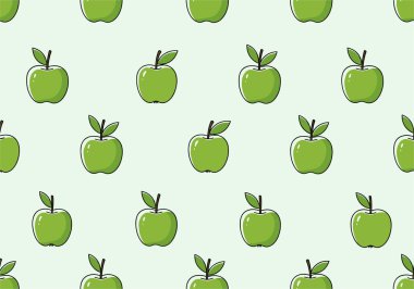 Basit yeşil elma aromalı, pürüzsüz desen, temiz çizgi sanatı ve açık yeşil arkaplan çizimi üzerinde tekrarlanan yapraklar..