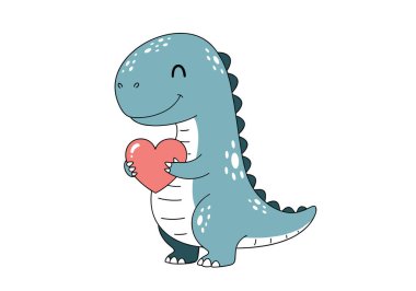 Dost canlısı mavi dinozor karakteri kollarında büyük pembe bir kalp taşıyor beyaz arka planda bir aşk jesti olarak..