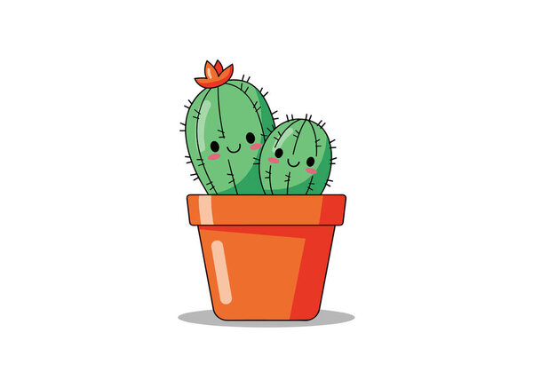 Cute cactus plant in a terracotta pot illustration features two smiling green cacti with a small orange flower on top.
