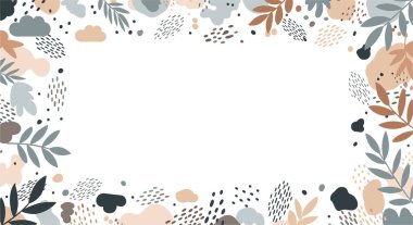 Sanatsal çerçeve sınırında soyut botanik yapraklar ve beyaz arka planda sessiz toprak tonlarında organik şekiller yer alıyor..