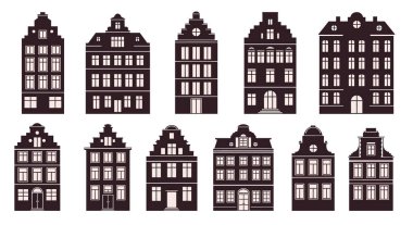 Klasik Avrupa şehir binalarının mimari siluetleri. Şehir tasarımı için tek renkli, birden fazla zemin ve pencereleri var..