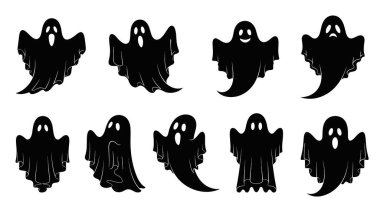 Farklı yüz ifadeleri olan ve Cadılar Bayramı dekorasyonu ve tasarımı için beyaz üzerine izole edilmiş siyah hayalet siluetleri koleksiyonu..