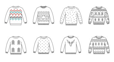 Ren geyikleri, ağaçlar ve siyah çizgili kar taneleri gibi çeşitli bayram desenleri olan büyük bir Noel süveteri seti..