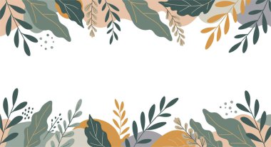 İnce ve organik çerçeve tasarımları için beyaz bir zemin üzerinde yeşil ve bronz yapraklardan tabakalar ve soyut şekiller içeren yumuşak botanik kenarı.