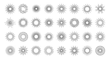 Beyaz arkaplan üzerinde eski ve modern grafik tasarım varlıkları için çeşitli çizgi kalınlığı ve yoğunluğu olan güneş patlaması ve radyal çizgi sembolleri kümesi.