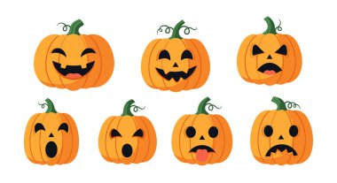 Turuncu balkabaklarına oyulmuş yedi tane Jack Fenerli yüz seti. Cadılar bayramı ve ürkütücü temalar için mutluluktan öfkeye çeşitli ifadeler..