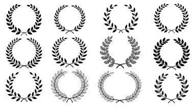 Oniki defne çelengi çeşitli siyah ve beyaz şekillerde dekoratif set ödüller, logolar ve klasik hanedan amblemleri için mükemmeldir..