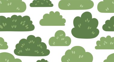 Yüzey tasarımı için beyaz üzerine yumuşak elle çizilmiş çeşitli yeşil çalılar ve çalılar içeren pürüzsüz desenli arka plan.