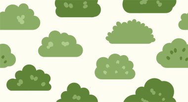 Doğa düzenlemesi için açık krem renkli arka planda çeşitli şekillerde ve boyutlarda şekillendirilmiş yeşil çalılar içeren kusursuz desenler..