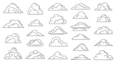Çeşitli kabarık şekilli ve minimalist bir sanat tarzında ince gölgelendirme içeren büyük bir bulut koleksiyonu..
