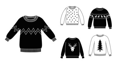 Ren geyiği ve çam ağacı gibi farklı desenlere sahip çeşitli siyah beyaz simgeler..