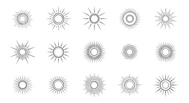 Güneş simgelerinin kapsamlı bir çeşitliliği, temiz siyah çizgi sanat tarzında çeşitli yayılan çizgi tasarımları ve dairesel merkezler içerir..