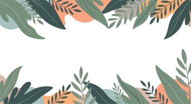 Doğa temalı tasarımlar için temiz beyaz bir yüzey üzerinde büyük yeşil yapraklar ve renkli soyut şekiller içeren manzara arkaplan sınırı.