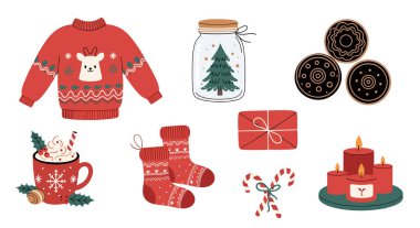 Kırmızı ren geyiği süveteri, dekoratif kurabiyeler, sıcak çoraplar, şeker kamışları ve mumlar da dahil olmak üzere çeşitli Noel simgeleri..