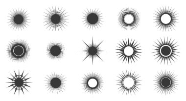 Güneş simgelerinin cesur bir karışımı, çeşitli ışın saçan çizgi tasarımları ve temiz, siyah bir grafikle merkezi daireler içeriyor..