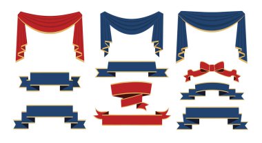 Şık kırmızı ve mavi kadife perdeler ve altın çerçeveli kurdele afişleri resmi törenler veya ödül tasarımları için düzenlenir..