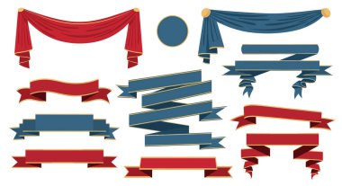 Kırmızı ve mavi kurdele pankartlarının ve altın kenarlı kadife perdelerin seçimi, resmi etiketler veya kutlama başlıkları oluşturmak için mükemmel.