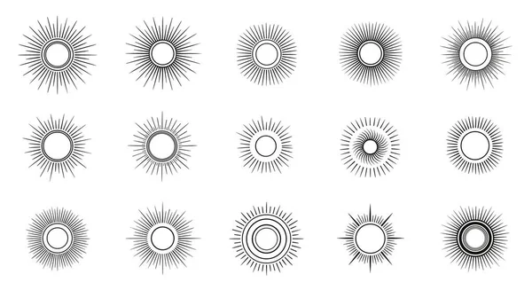 Minimalist tasarım için sade beyaz bir arka planda, temiz siyah çizgi sanat tarzında 15 stilize güneş patlaması ve yıldız patlaması ikonu koleksiyonu.