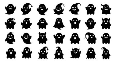 Farklı yüz ifadeleri ve cadılar bayramı süslemeleri için mükemmel olan 28 sevimli hayalet silueti koleksiyonu..