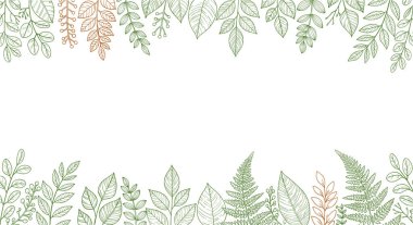 Sınır çerçevesinde, üst ve alt kısımda el yapımı yeşil ve turuncu yapraklar ve eğrelti otları var. Bu da hassas bir doğal illüstrasyon yaratıyor..