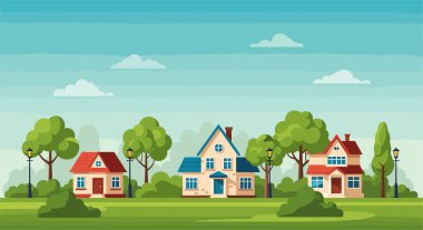 Beyaz bulutlu açık mavi bir gökyüzünün altında yeşil ağaçlar ve çalılarla çevrili çok sayıda büyüleyici banliyö evinin bulunduğu manzaralı bir mahalle..