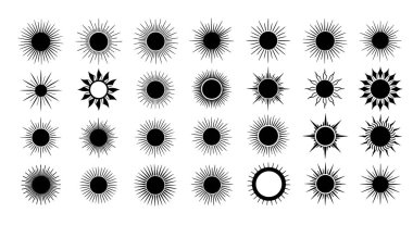 Büyük bir set siyah güneş patlaması ve çeşitli ışın stilleri ve kalınlıklarına sahip güneş simgeleri dizayn için beyaz arka plan üzerinde bir ızgara düzeninde düzenlenmiştir..