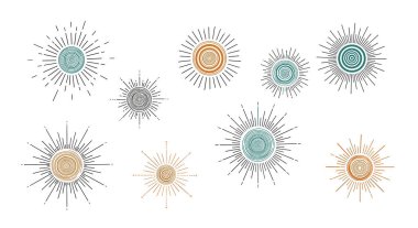 Karmaşık dairesel merkezleri ve mavi turuncu ve yeşil toprak tonlarıyla beyaz arkaplanda çeşitli renkli güneş patlaması tasarımları..