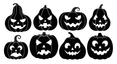 Cadılar Bayramı tasarım elementleri için korkutucu ve mutlu olmak da dahil olmak üzere çeşitli beyaz balkabağı kabağı yüz ifadeleri içeren sekiz adet siyah balkabağı silueti..