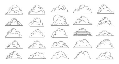 Hava ve gökyüzü tasarımları için temiz ve siyah çizgili 25 farklı bulut ana hatları ve balon şekillerinin geniş bir koleksiyonu.