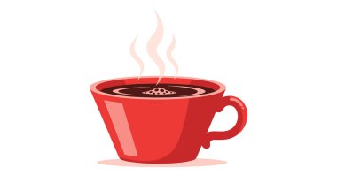 Sıcak koyu kahve ile dolu canlı kırmızı seramik bir kahve bardağının basit grafiği ve sıcak beyaz arka planda yükselen buhar tutamları..