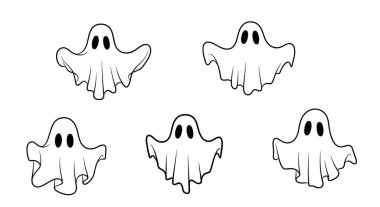 Değişik kol pozisyonlarına sahip beş basit beyaz hayalet çizimi ve şirin ve ürkütücü cadılar bayramı temalı grafik tasarımlar için siyah gözler..