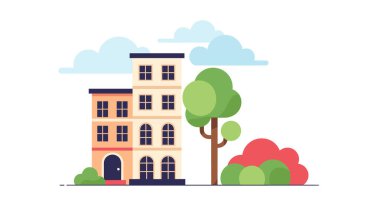 Bulutlu bir gökyüzünün altında yeşil ağaçlar ve çalılarla kaplı küçük bir apartmanın düz bir şekilde resmedilmesi sakin bir yerleşim alanını resmediyor..