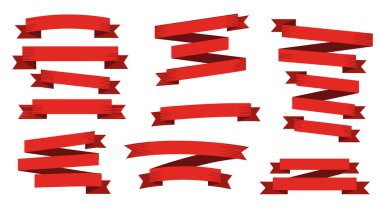 Farklı şekil ve stillerde kırmızı kurdele setleri web tasarımı, reklam ve festival dekorasyon elemanları için harikadır..