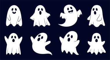Koyu mavi arka planda değişik komik ve ürkütücü ifadelere sahip sekiz sevimli beyaz hayalet, Cadılar Bayramı sanatı için idealdir..