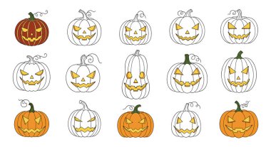 Çeşitli oyma yüzlere ve renklere sahip ürkütücü balkabaklarından kurtulmak geleneksel Cadılar Bayramı süslemeleri ve simgeleri için idealdir..