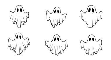 Cadılar Bayramı temalı tasarımlar için değişik şekil ve ifadelere sahip altı ürkütücü el çizimi hayalet çizimi koleksiyonu.