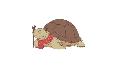 Yaşlı bilge kaplumbağa kırmızı çizgili bir eşarp takıyor ve tahta bir bastona yaslanıyor büyüleyici ve komik bir şekilde gözleri kapalı ileri bakıyor..