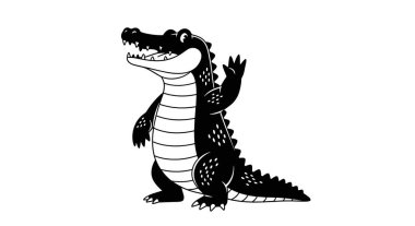 Dost canlısı çizgi film timsahı ayakta duruyor ve yüzünde kocaman bir gülümsemeyle çocuklar için izole edilmiş beyaz bir arka planda sallanıyor..