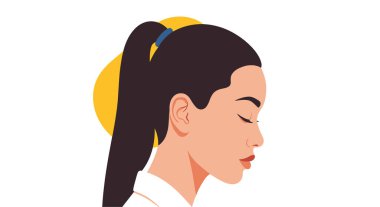 Siyah saçlı, at kuyruklu ve gözleri sarı bir çembere karşı sakin bir ifadeyle kapalı genç bir kadının yan profili..