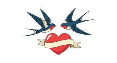İki mavi kırlangıç birbirine doğru uçuyor kırmızı bir kalbin üzerinde boş bir bej kurdele ile mesajlar ve isimler için..