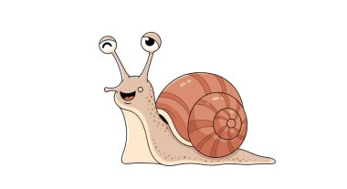 Dost canlısı salyangoz karakteri, büyük kahverengi bir sarmal kabuğu ve mutlu bir gülümseme ifadesi gösteren sapların üzerinde büyük gözleri var..