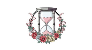 Zarif pembe kurdeleli pembe ve beyaz güllerden oluşan bir çelenkle çevrili güzel bir klasik saat camı..