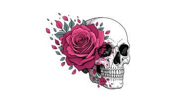 Büyük pembe bir gül ve yeşil yapraklı beyaz arka planda çiçek açan bir insan kafatasının sanatsal çizimi.