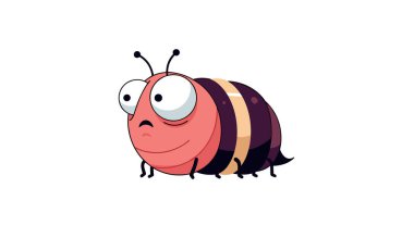 Büyük yuvarlak gözlü, küçük pembe ve sarı çizgi film böceği, basit bir beyaz arka plana karşı şaşırmış ve kafası karışmış görünüyor..