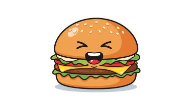 Neşeli hamburger karakteri büyük bir gülümseme ve kapalı gözler, marul, domates, peynir ve köfte katmanları.