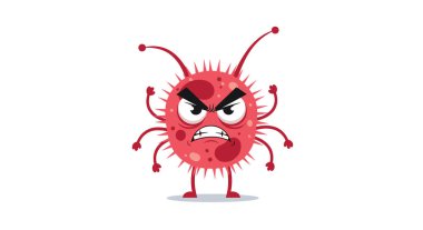 Birden fazla kolu olan kızgın kırmızı virüs karakteri ve ortalama yüz ifadesi mikropları, bakterileri veya bulaşıcı hastalıkları temsil ediyor..