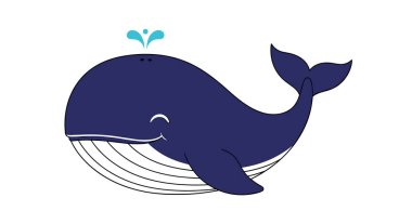 Büyük bir gövdesi ve hava deliğinden çıkan küçük bir su birikintisiyle gülümseyen mavi balina, dostça bir çizgi film tarzıyla resmedilmiştir..